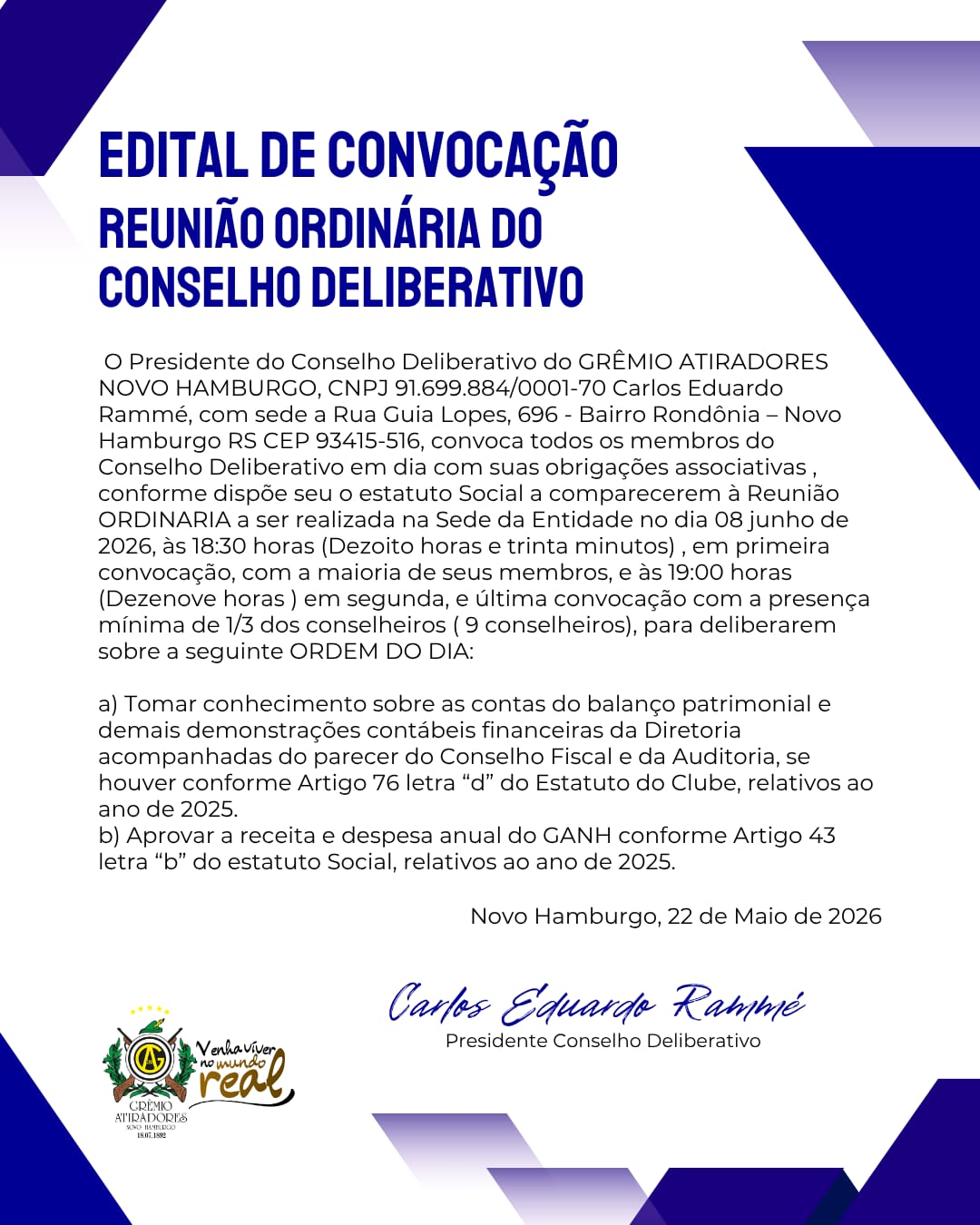 EDITAL DE CONVOCAÇÃO REUNIÃO ORDINÁRIA DO CONSELHO DELIBERATIVO